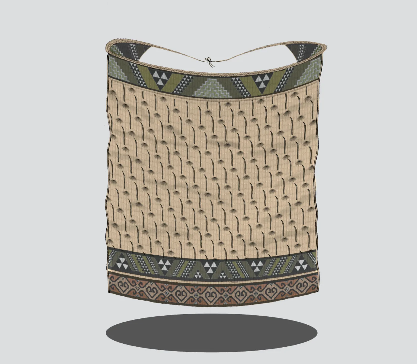 The Korowai Kohu Matahiapo: a woven cloak with hukahuka tassels across its body, bordered top and bottom with kaokao and niho taniwha patterning and a band of kōwhaiwhai